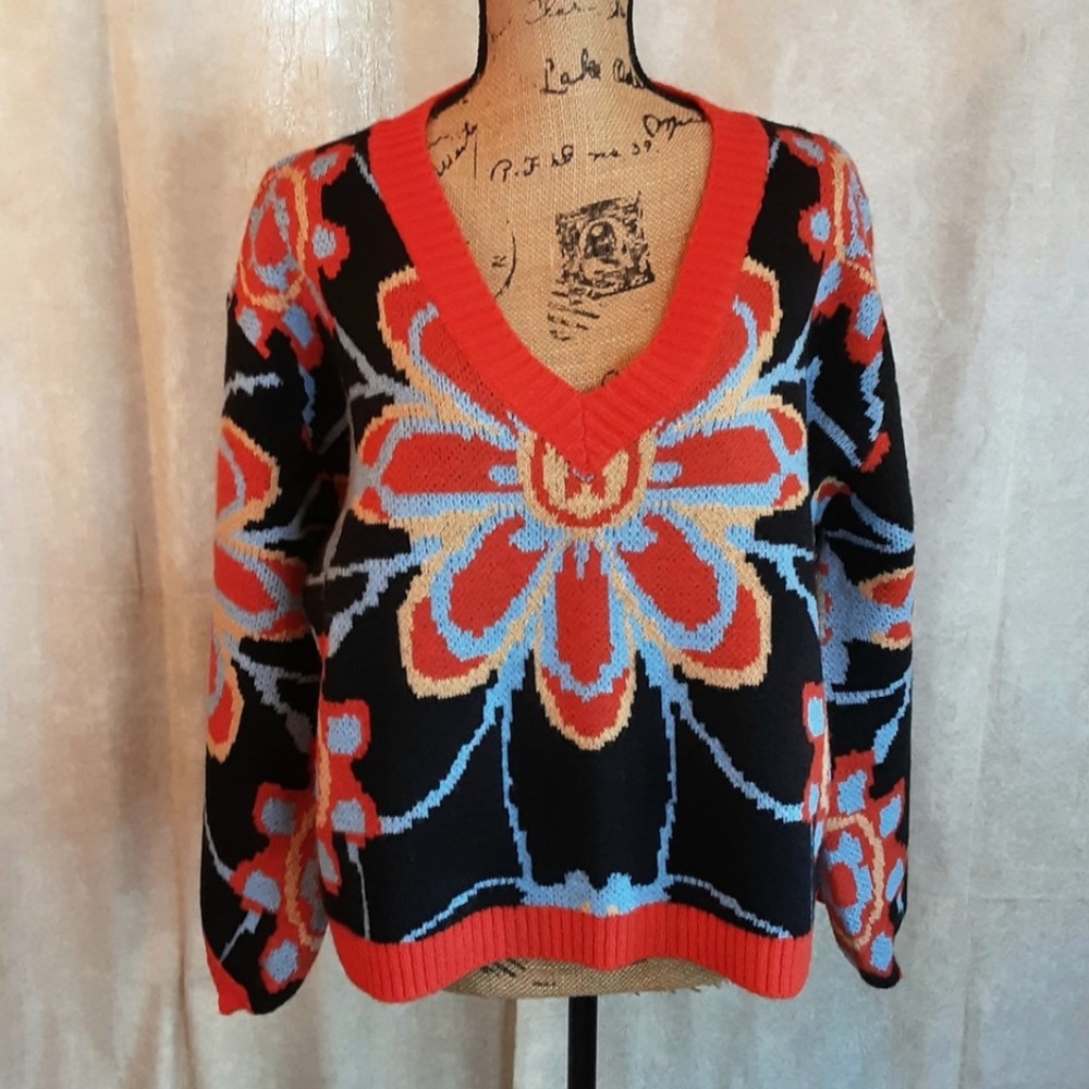 Davi & Dani Boho Floral Sweater Black Orange Pullover V-neck Balloon Sleeve Sz L